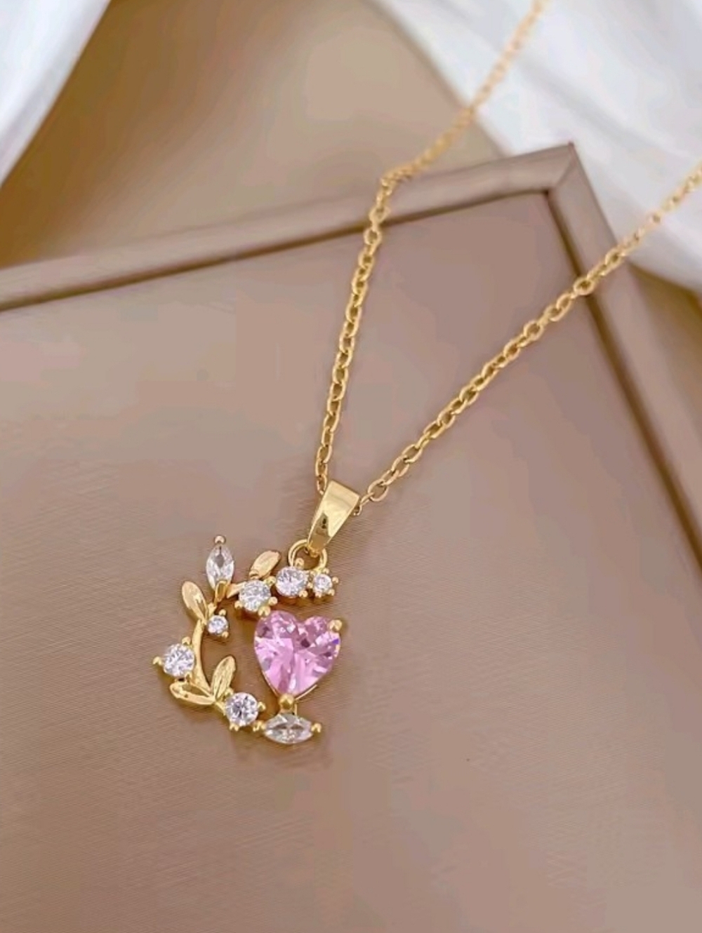 Dainty Gold Heart & Leaf Pendant Necklace Pink Crystal Jewelry